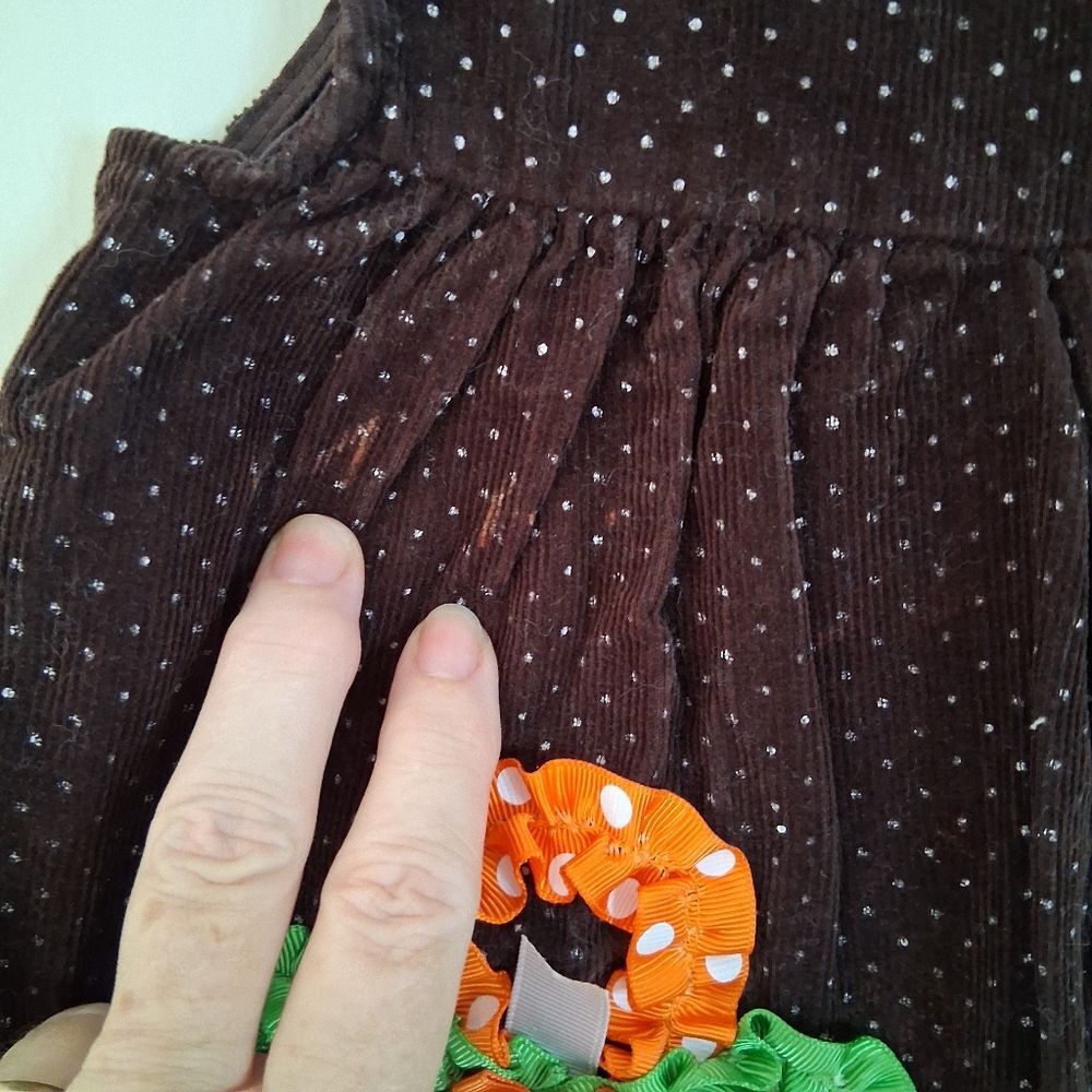 Bonnie Baby Corduroy Polka Dot Thanksgiving Jumper Dress w/Ribbon Embellishments - Picture 4 of 12